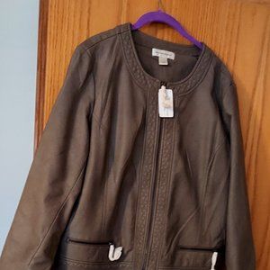 Faux Leather Zippered Jacket; Christopher & Banks; Olive Green, Large